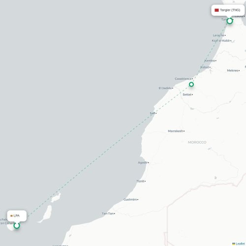 Mapa de vuelo directo Las Palmas de Gran Canaria - Tánger