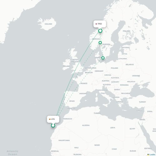 Mapa de vuelo directo Las Palmas de Gran Canaria - Trondheim