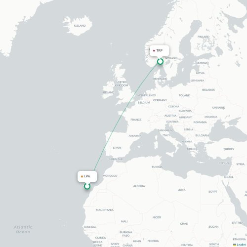 Mapa de vuelo directo Las Palmas de Gran Canaria - Oslo