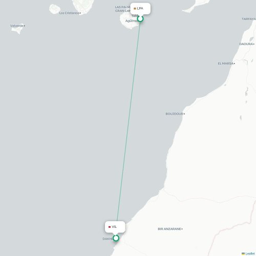 Mapa de vuelo directo Las Palmas de Gran Canaria - Dajla, Sáhara Occidental
