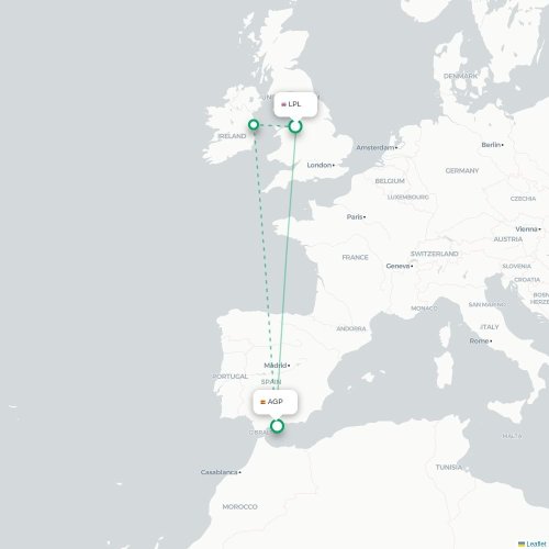 Mapa de vuelo directo Liverpool - Málaga