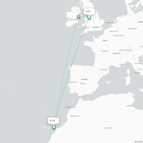 Mapa de vuelo directo Liverpool - Puerto del Rosario
