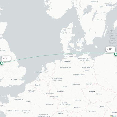 Mapa de vuelo directo Liverpool - Gdansk
