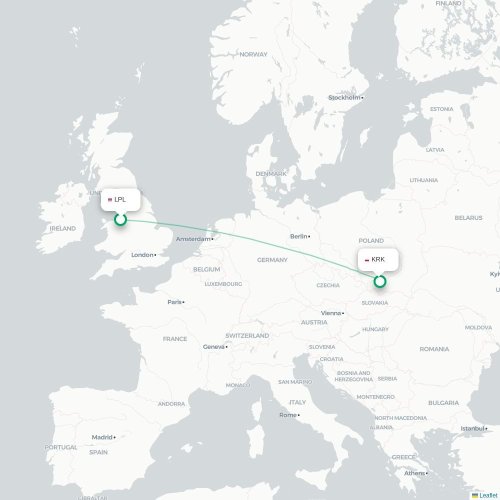 Mapa de vuelo directo Liverpool - Cracovia