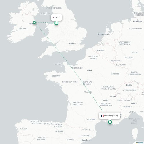 Mapa de vuelo directo Liverpool - Marsella