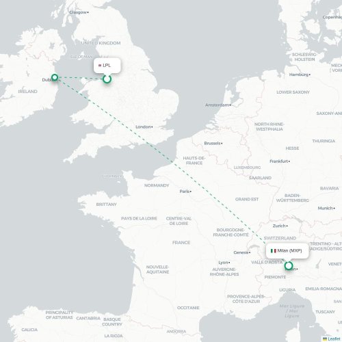 Mapa lotu bezpośredniego Liverpool – Mediolan