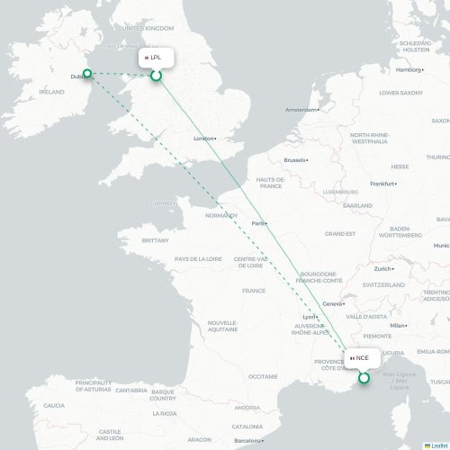 Mapa de vuelo directo Liverpool - Niza