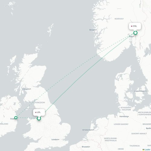 Mapa de vuelo directo Liverpool - Oslo