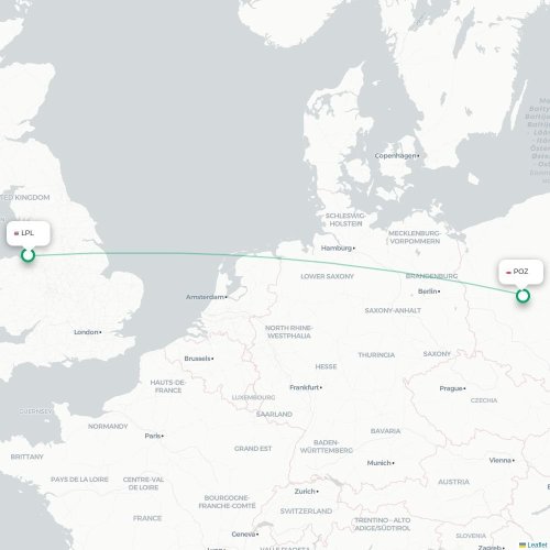 Mapa de vuelo directo Liverpool - Posnania