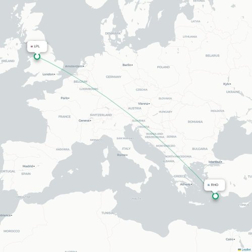 Mapa de vuelo directo Liverpool - Rodas