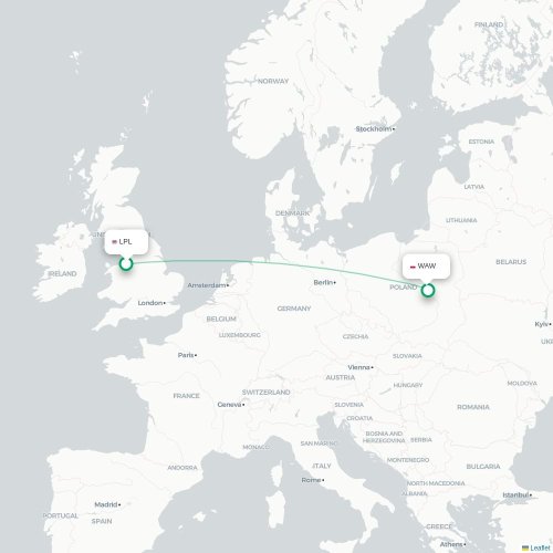 Mapa de vuelo directo Liverpool - Varsovia