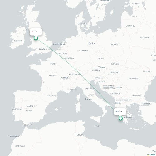 Mapa de vuelo directo Liverpool - Zakynthos