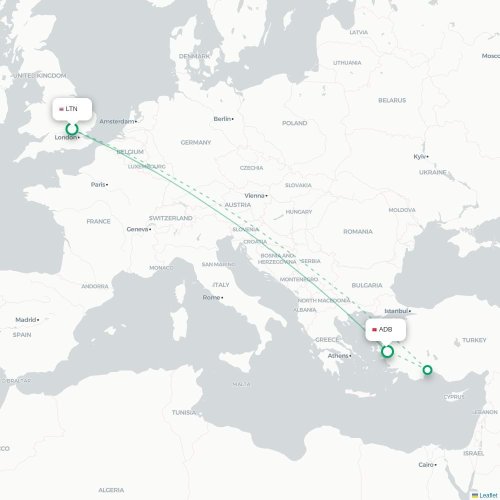 Mapa de vuelo directo Londres - Esmirna
