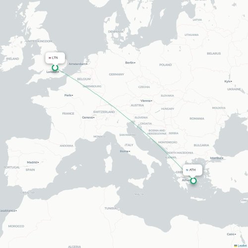 Mapa de vuelo directo Londres - Atenas