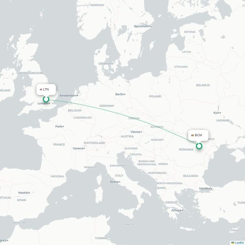 Mapa de vuelo directo Londres - Bacău