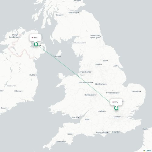 Mapa de vuelo directo Londres - Belfast