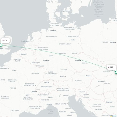 London - Košice kort over direkte fly