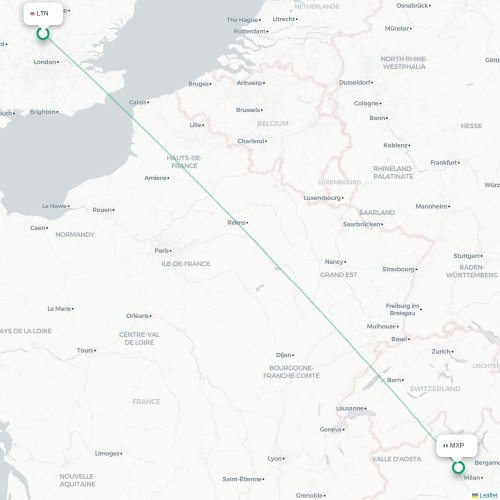 Mapa lotu bezpośredniego Londyn – Mediolan