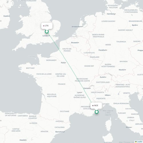 Mapa de vuelo directo Londres - Niza