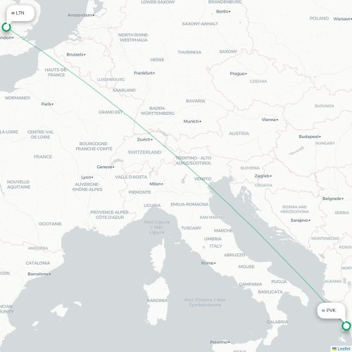Mapa de vuelo directo Londres - Preveza