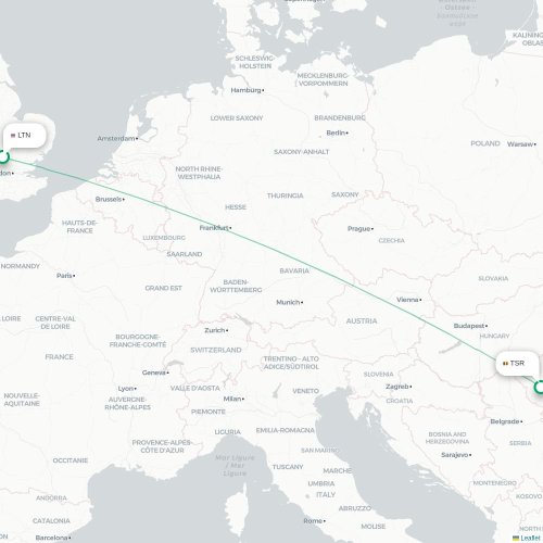 Mapa de vuelo directo Londres - Timisoara