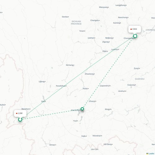 Mapa lotu bezpośredniego Dehong – Chongqing