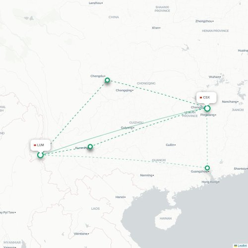 Mapa lotu bezpośredniego Dehong – Changsha