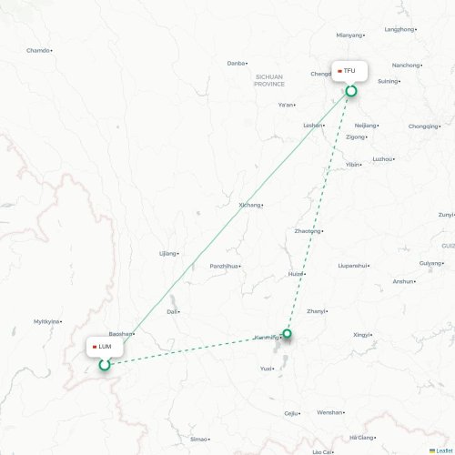 Mapa lotu bezpośredniego Dehong – Chengdu