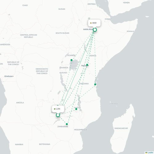 Mapa lotu bezpośredniego Lusaka – Addis Abeba