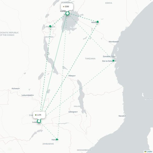 Mapa lotu bezpośredniego Lusaka – Entebbe
