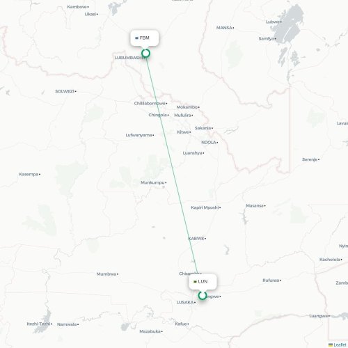 Mapa lotu bezpośredniego Lusaka – Lubumbashi