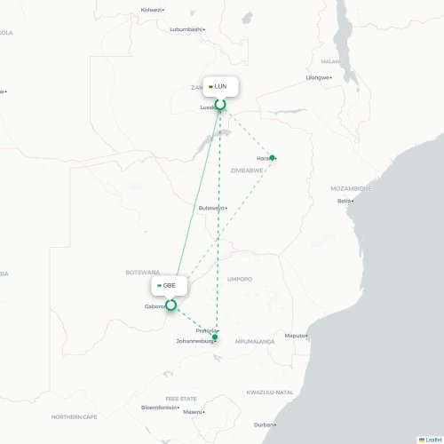 Mapa lotu bezpośredniego Lusaka – Gaborone