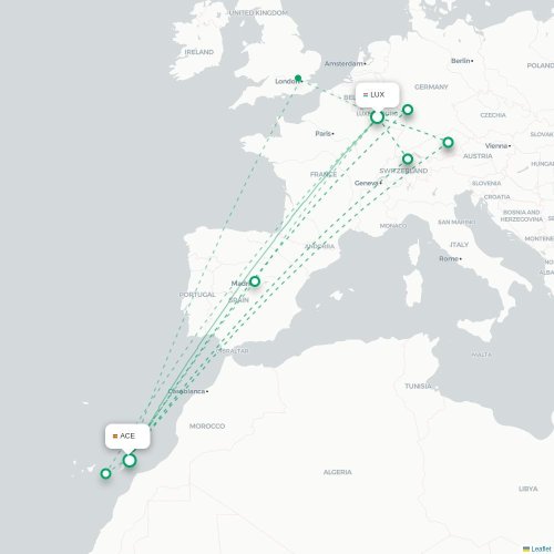 Mapa de vuelo directo Luxemburgo - Arrecife