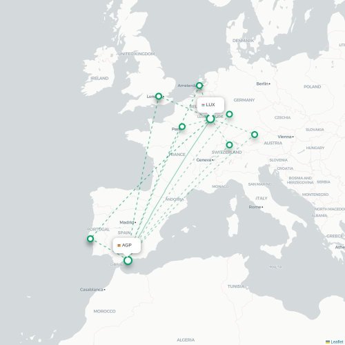 Mapa de vuelo directo Luxemburgo - Málaga