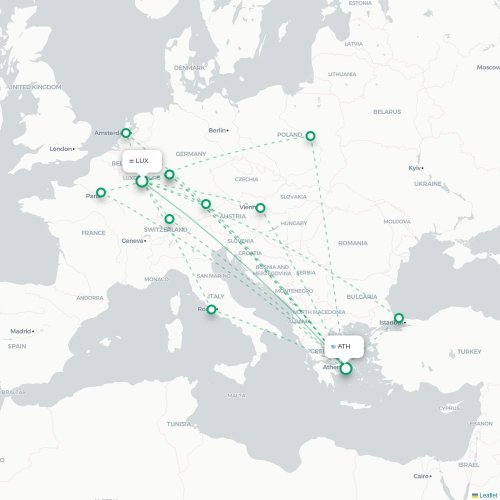 Mapa de vuelo directo Luxemburgo - Atenas