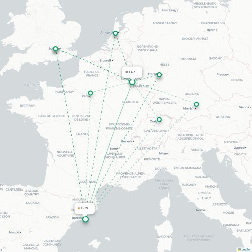 Mapa de vuelo directo Luxemburgo - Barcelona