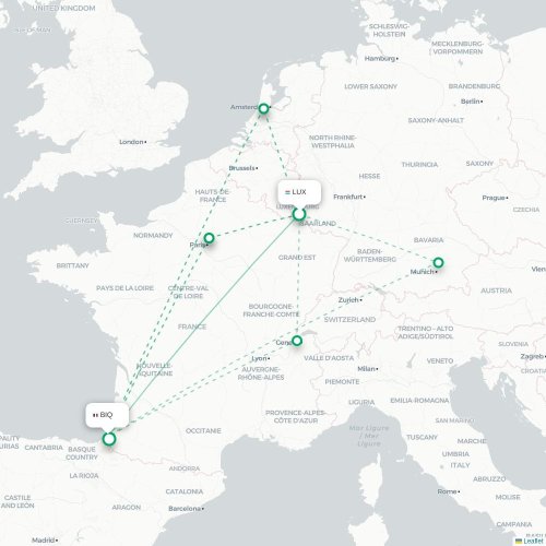 Mapa de vuelo directo Luxemburgo - Biarriz