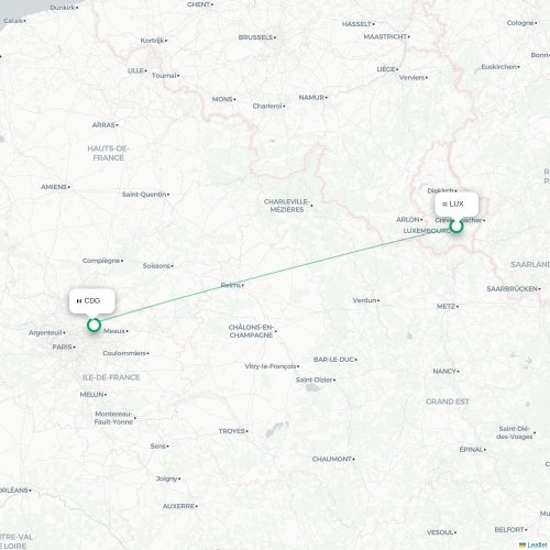 Mapa de vuelo directo Luxemburgo - París