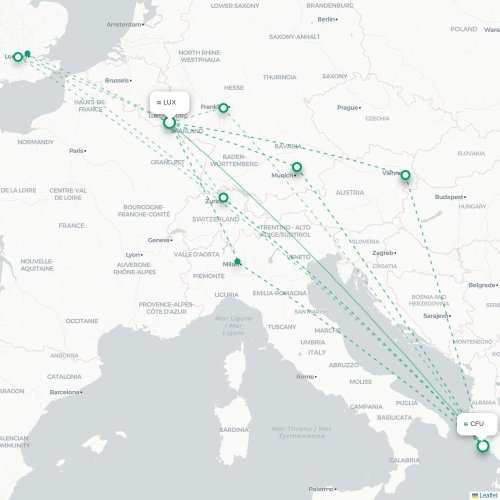 Mapa de vuelo directo Luxemburgo - Corfú, Corfú