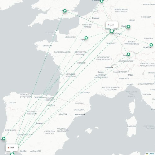 Mapa de vuelo directo Luxemburgo - Faro