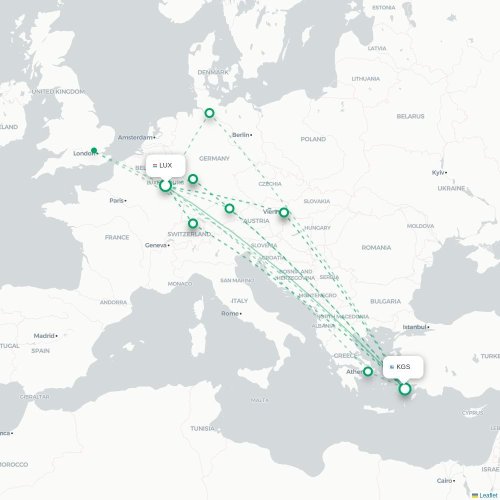 Mapa de vuelo directo Luxemburgo - Kos