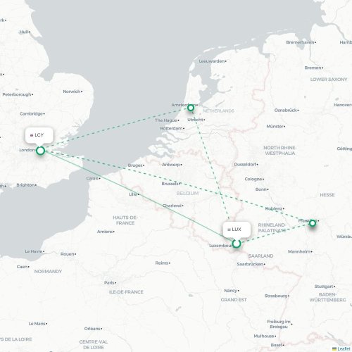 Mapa de vuelo directo Luxemburgo - Londres