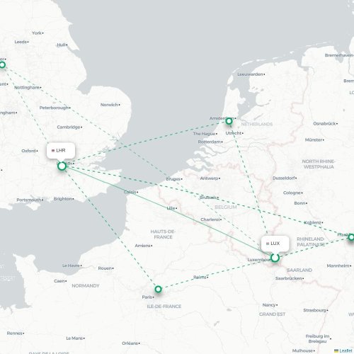 Mapa de vuelo directo Luxemburgo - Londres