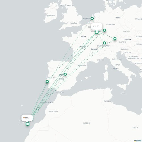 Mapa de vuelo directo Luxemburgo - Las Palmas de Gran Canaria