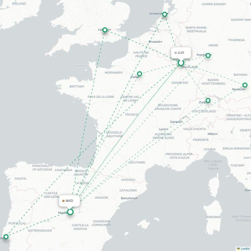 Mapa de vuelo directo Luxemburgo - Madrid
