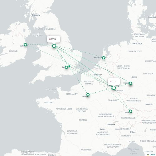 Mapa de vuelo directo Luxemburgo - Mánchester