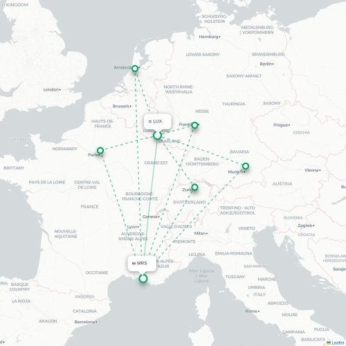 Mapa de vuelo directo Luxemburgo - Marsella