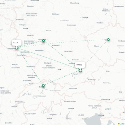 Mapa de vuelo directo Luxemburgo - Múnich