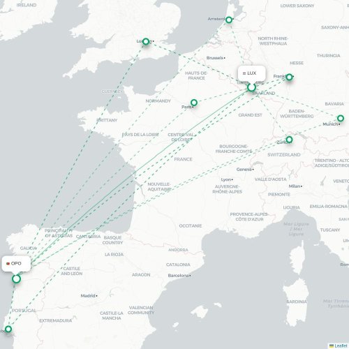 Mapa de vuelo directo Luxemburgo - Oporto