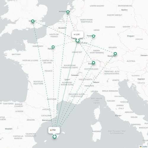 Mapa de vuelo directo Luxemburgo - Palma